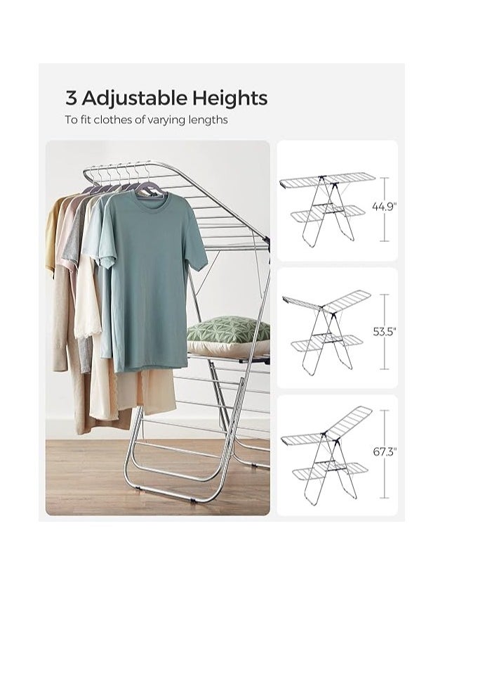 SONGMICS SONGMICS Clothes Drying Rack, Foldable 2-Level Laundry Drying Rack, Free-Standing Large Drying Rack, with Height-Adjustable Wings, 33 Drying Rails, Sock Clips, Silver and Blue ULLR53BU  - Image 4