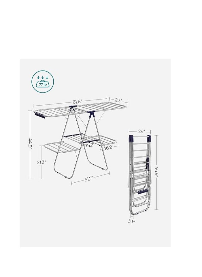 SONGMICS - SONGMICS Clothes Drying Rack, Foldable 2-Level Laundry Drying Rack, Free-Standing Large Drying Rack, with Height-Adjustable Wings, 33 Drying Rails, Sock Clips, Silver and Blue ULLR53BU - Image 1