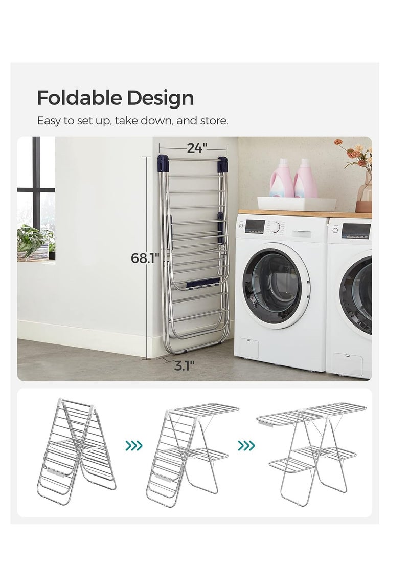 SONGMICS - SONGMICS Clothes Drying Rack, Foldable 2-Level Laundry Drying Rack, Free-Standing Large Drying Rack, with Height-Adjustable Wings, 33 Drying Rails, Sock Clips, Silver and Blue ULLR53BU - Image 1