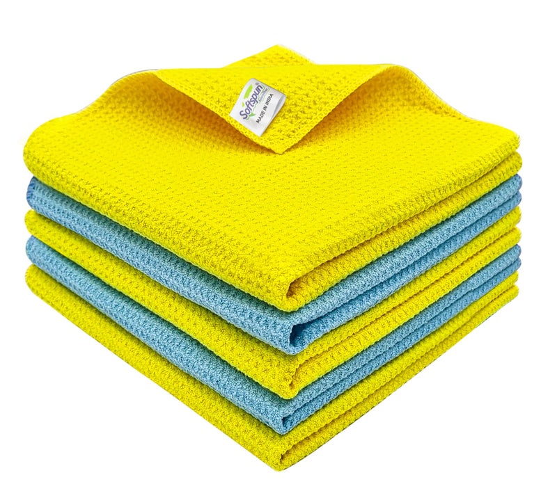 SOFTSPUN Microfiber Drying Cloth, 40x40 Cms 5 Piece Waffle Weave Towel Set 400 GSM Multicolour! Super Absorbent Lint & StreakFree Cloth Cleans and Polishes for Car WindowGlass Office & Home. - Image 1