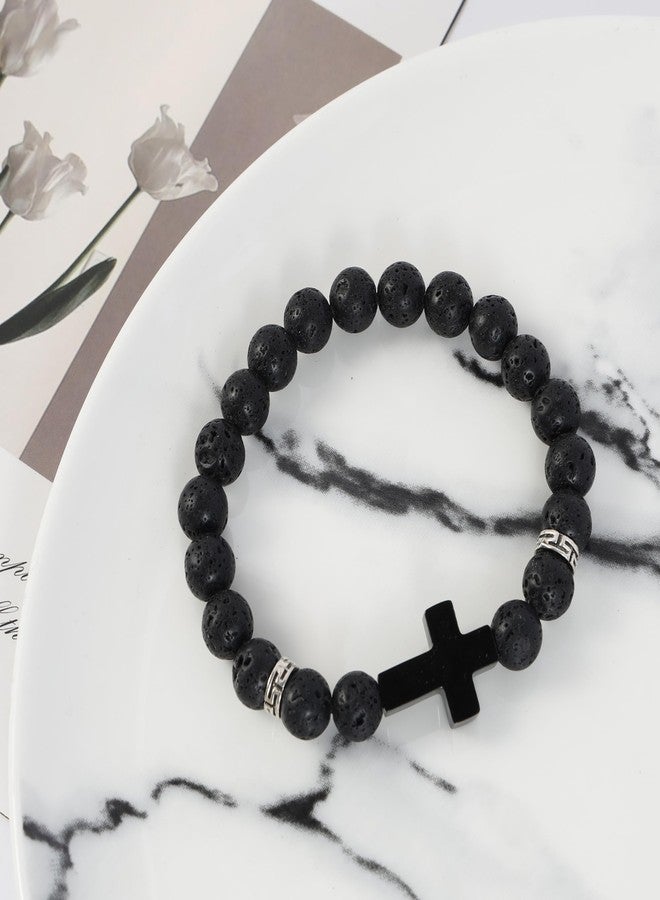 MILAKOO Black Cross Bracelet for Women 8mm Stone Beads Healing Power Cuff Adjustable Elastic Rope - Image 3