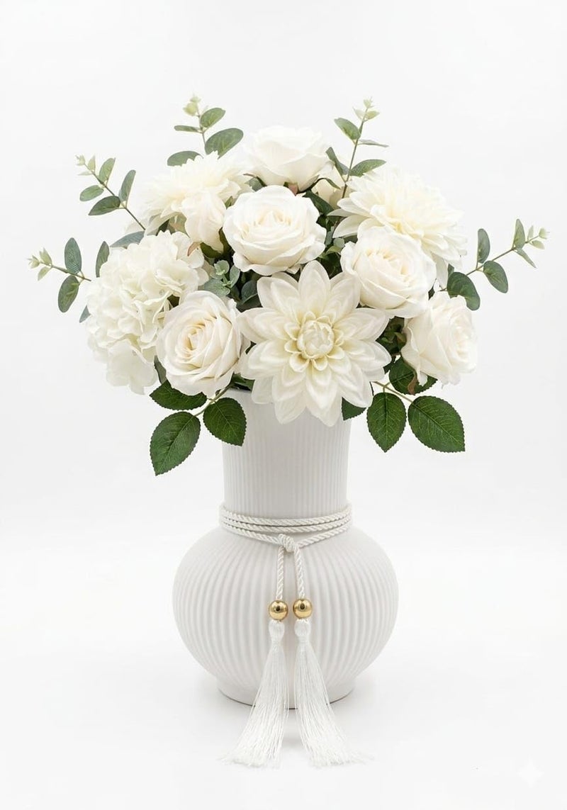 Decorative Ribbed Vase with Gold Tassel Rope for Home (White)