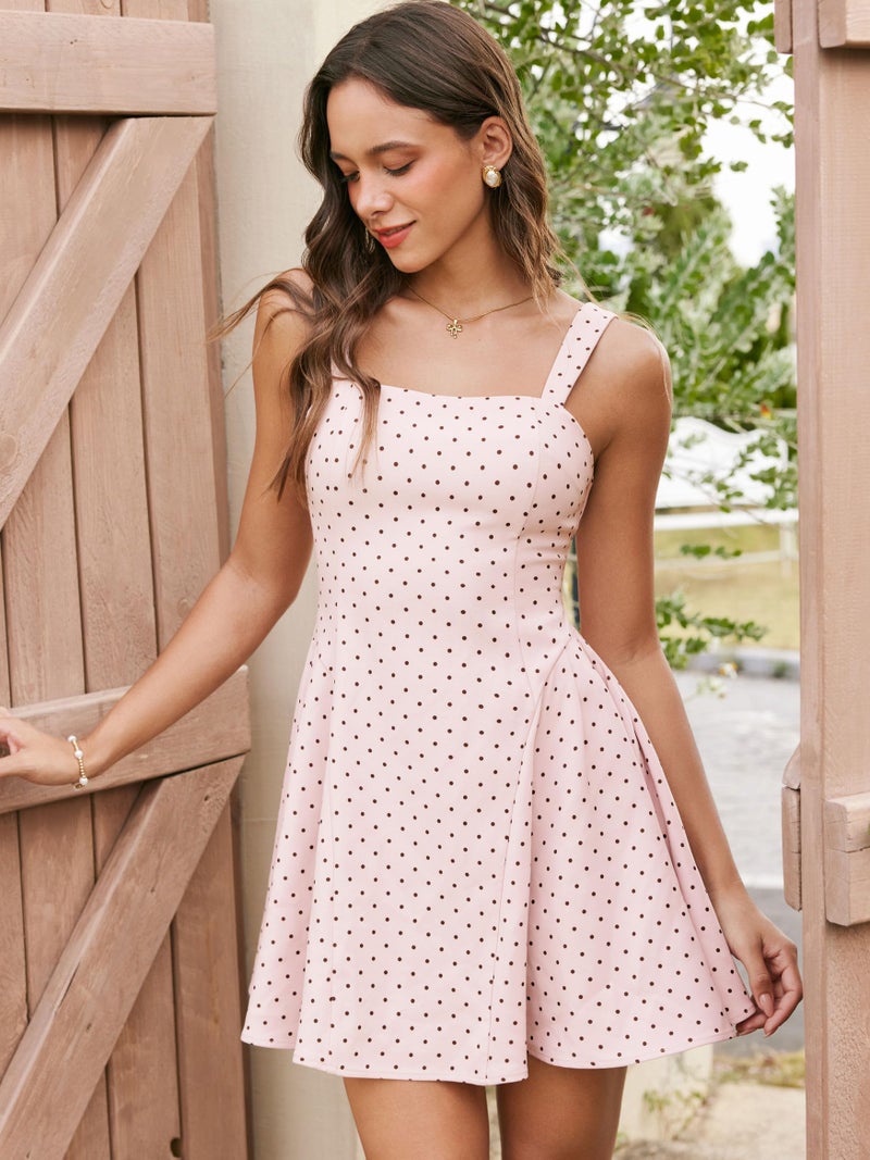 CIDER Womens Polka Dot Going Out Dress Cute Summer Date Night Square Neck Sleeveless Mini Dress - Image 3
