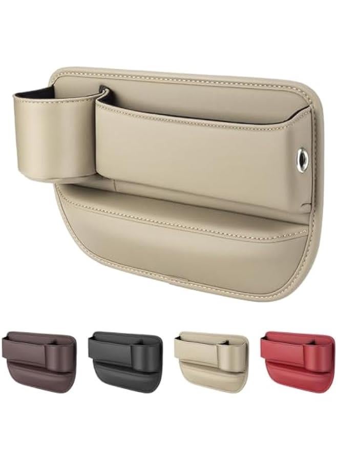 Car Leather Cup Holder Gap Bag,2025 Upgrade Car Gap Storage Box with Cup Holder,Seat Gap Storage Box Car Seat Gap Bag,Gap Filler Organizer for Glasses Phone Keys and Cards (Beige, Driver's Seat) - Image 1