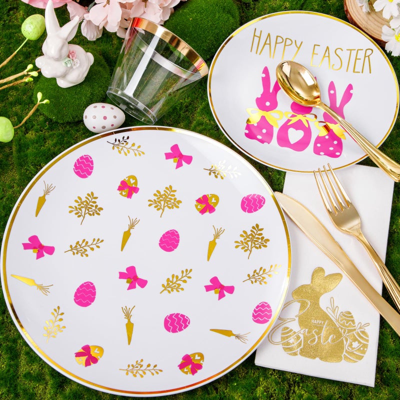 Hioasis 175pcs Easter Plastic Plates  Bunny Plastic Disposable Dinnerware Set Include 25 Dinner Plates  25 Dessert Plates  25 Forks  25 Knives  25 Spoons  25 Napkins 25 Cups Perfect for Easter Party - Image 2