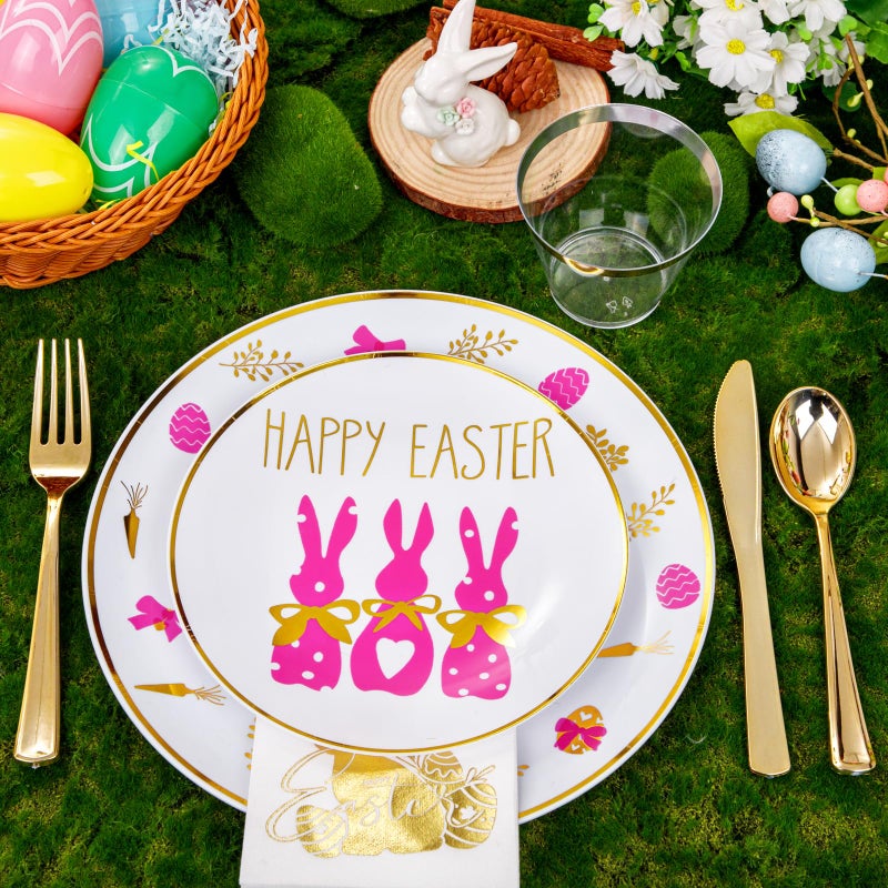Hioasis 175pcs Easter Plastic Plates  Bunny Plastic Disposable Dinnerware Set Include 25 Dinner Plates  25 Dessert Plates  25 Forks  25 Knives  25 Spoons  25 Napkins 25 Cups Perfect for Easter Party - Image 1