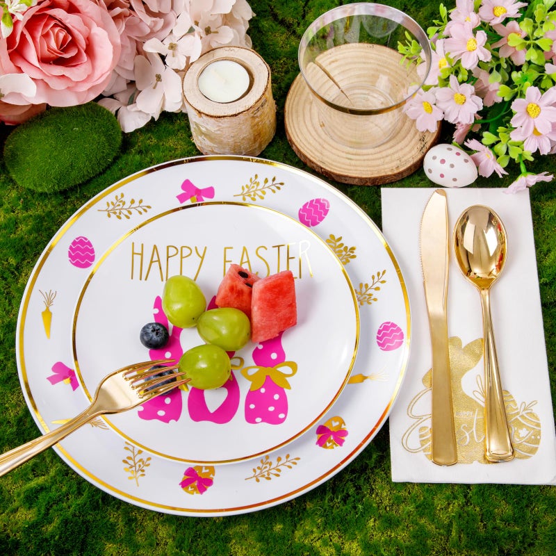 Hioasis 175pcs Easter Plastic Plates  Bunny Plastic Disposable Dinnerware Set Include 25 Dinner Plates  25 Dessert Plates  25 Forks  25 Knives  25 Spoons  25 Napkins 25 Cups Perfect for Easter Party - Image 3