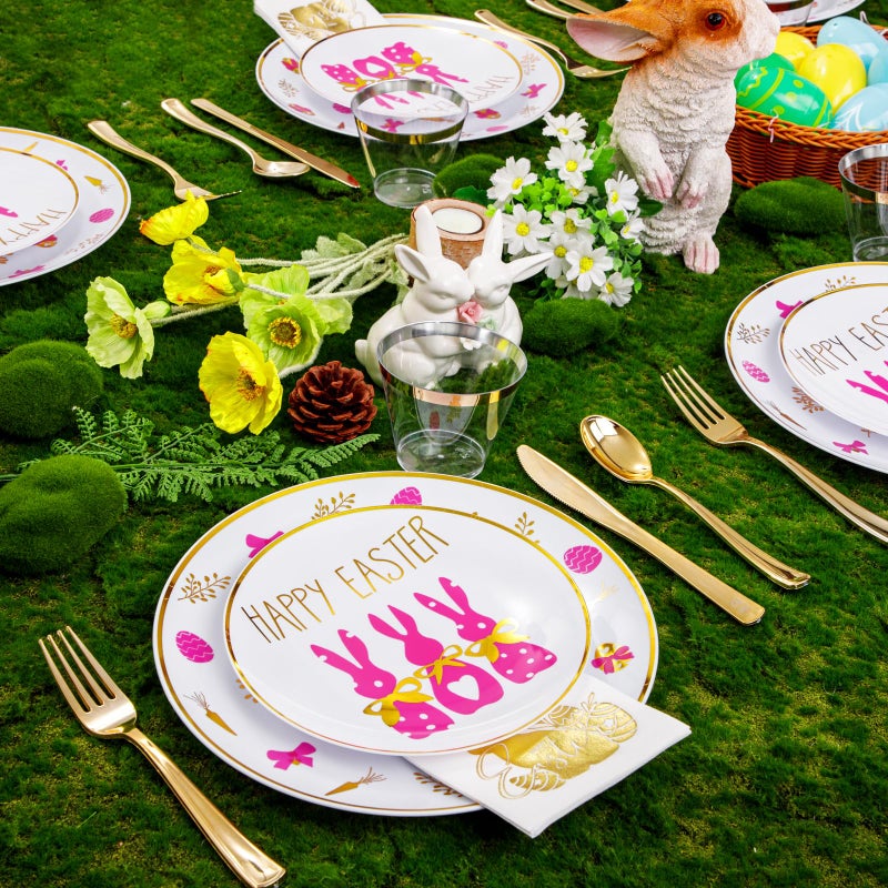 Hioasis 175pcs Easter Plastic Plates  Bunny Plastic Disposable Dinnerware Set Include 25 Dinner Plates  25 Dessert Plates  25 Forks  25 Knives  25 Spoons  25 Napkins 25 Cups Perfect for Easter Party - Image 4