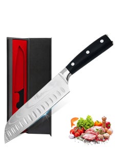 Kitchen Knife Santoku Knife 7 inch High Carbon Stainless Steel 7Cr17Mov Chef Knife Super Sharp Multipurpose Chopping Knife for Meat Vegetable Fruit with Ergonomic Wood Handle Black