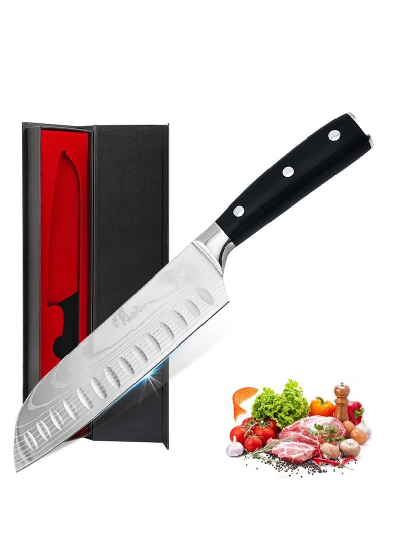 Astylway - Kitchen Knife Santoku Knife 7 inch High Carbon Stainless Steel 7Cr17Mov Chef Knife Super Sharp Multipurpose Chopping Knife for Meat Vegetable Fruit with Ergonomic Wood Handle Black - Image 1