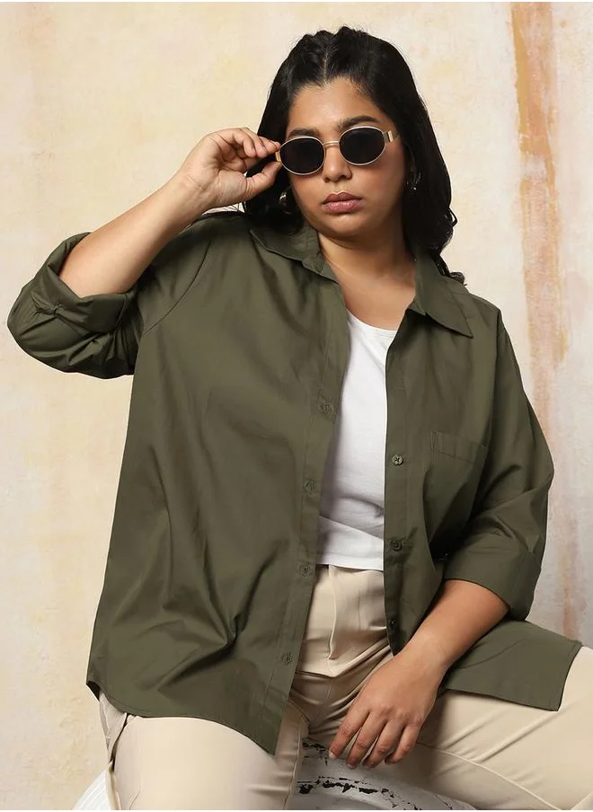 HIGH STAR Women Shirts in Olive featuring Oversized fit with a solid pattern, spread collar collar, shirt collar neckline, regular sleeves, secured with button closure, crafted from 100% cotton – ideal for both casual and formal outings.