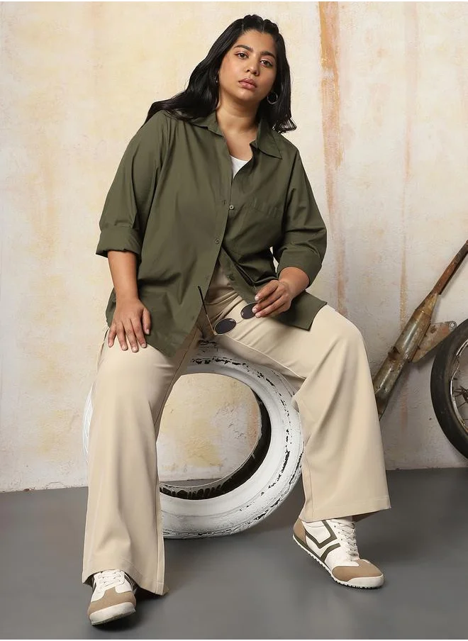 HIGH STAR Women Shirts in Olive featuring Oversized fit with a solid pattern, spread collar collar, shirt collar neckline, regular sleeves, secured with button closure, crafted from 100% cotton – ideal for both casual and formal outings.