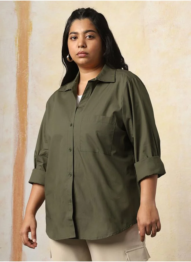 HIGH STAR Women Shirts in Olive featuring Oversized fit with a solid pattern, spread collar collar, shirt collar neckline, regular sleeves, secured with button closure, crafted from 100% cotton – ideal for both casual and formal outings.