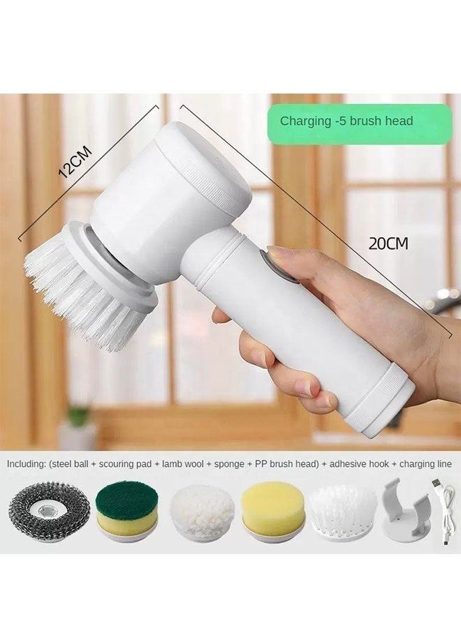 Electric Cleaning Brush,Electric Spin Scrubber,Wireless Electric Cleaning Brush, Rechargeable Cleaning Tools with 5  Brush Heads, Cordless Cleaning Brush for Bathroom, Kitchen, Dish, Tile, Portable Handheld Scrubber for Cleaning Floor, Wall,Toilet,Glass, Dishwashing Electric Cleaning Brush White - Image 2