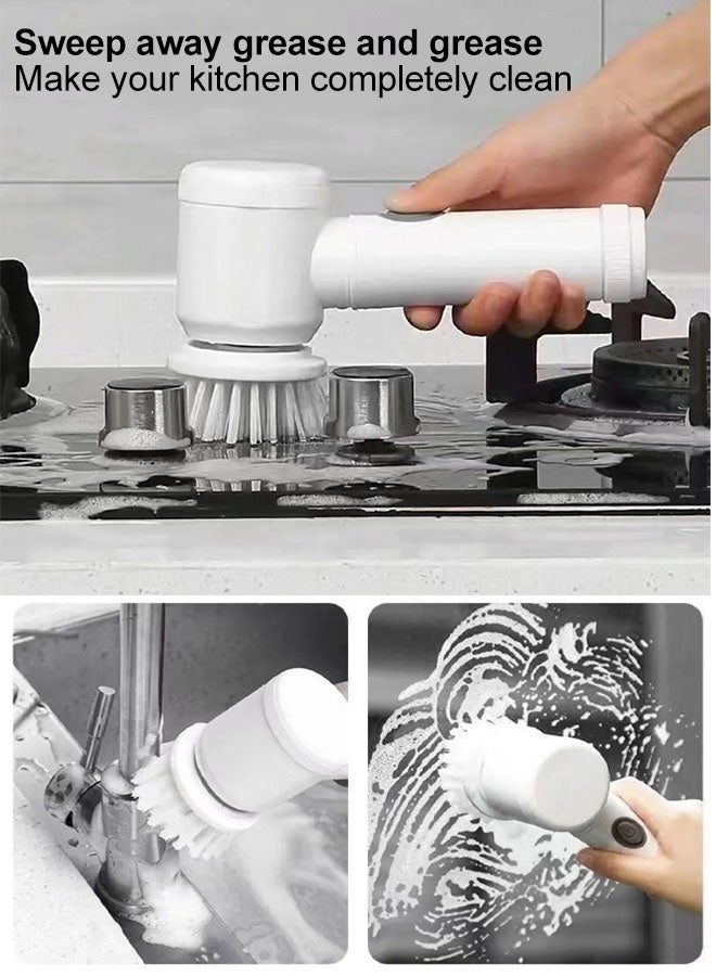 Electric Cleaning Brush,Electric Spin Scrubber,Wireless Electric Cleaning Brush, Rechargeable Cleaning Tools with 5  Brush Heads, Cordless Cleaning Brush for Bathroom, Kitchen, Dish, Tile, Portable Handheld Scrubber for Cleaning Floor, Wall,Toilet,Glass, Dishwashing Electric Cleaning Brush White - Image 3