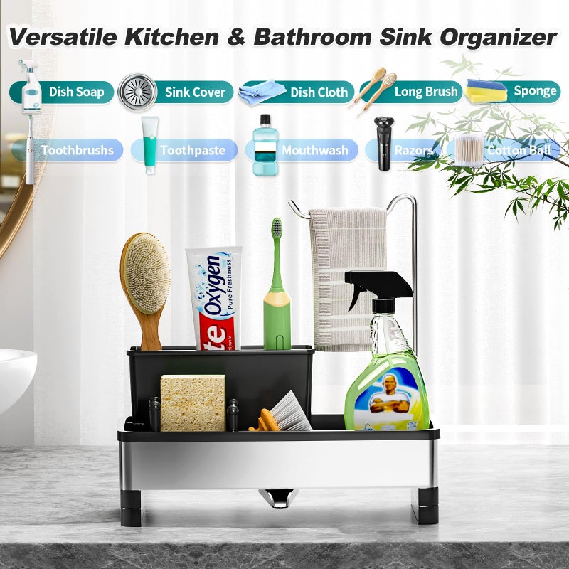 Ewaiira Stainless Steel Sink Caddy, Sponge Holder for Kitchen Sink with Brush Holder & Dishcloth Rack, Rustproof Sink Organizer Countertop, Kitchen Organizers Storage Essentials (D-Black 9.8â€³) - Image 3