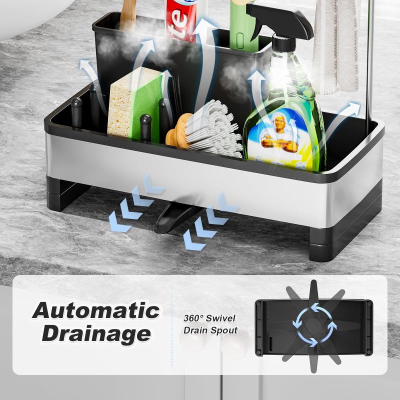Ewaiira Stainless Steel Sink Caddy, Sponge Holder for Kitchen Sink with Brush Holder & Dishcloth Rack, Rustproof Sink Organizer Countertop, Kitchen Organizers Storage Essentials (D-Black 9.8â€³) - Image 4
