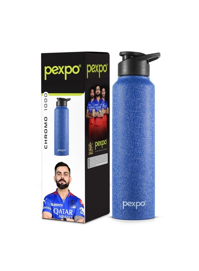 PEXPO Chromo Pro 1000 ISI Certified Stainless Steel Sports/Fridge Sipper Water Bottle, 950ml, Blue | Water Bottle for Office, Gym, School, Yoga, Trekking, Men, Women and Kids | RCB Edition - Image 1
