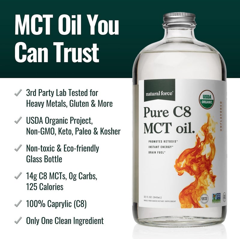 Natural Force Organic Pure C8 MCT Oil – Liquid MCT Oil in Glass Bottle Container – Concentrated Caprylic Acid – Keto, Paleo, Kosher, Vegan & Non-GMO – Lab Tested for Quality and Purity, 32 Ounce - Image 3