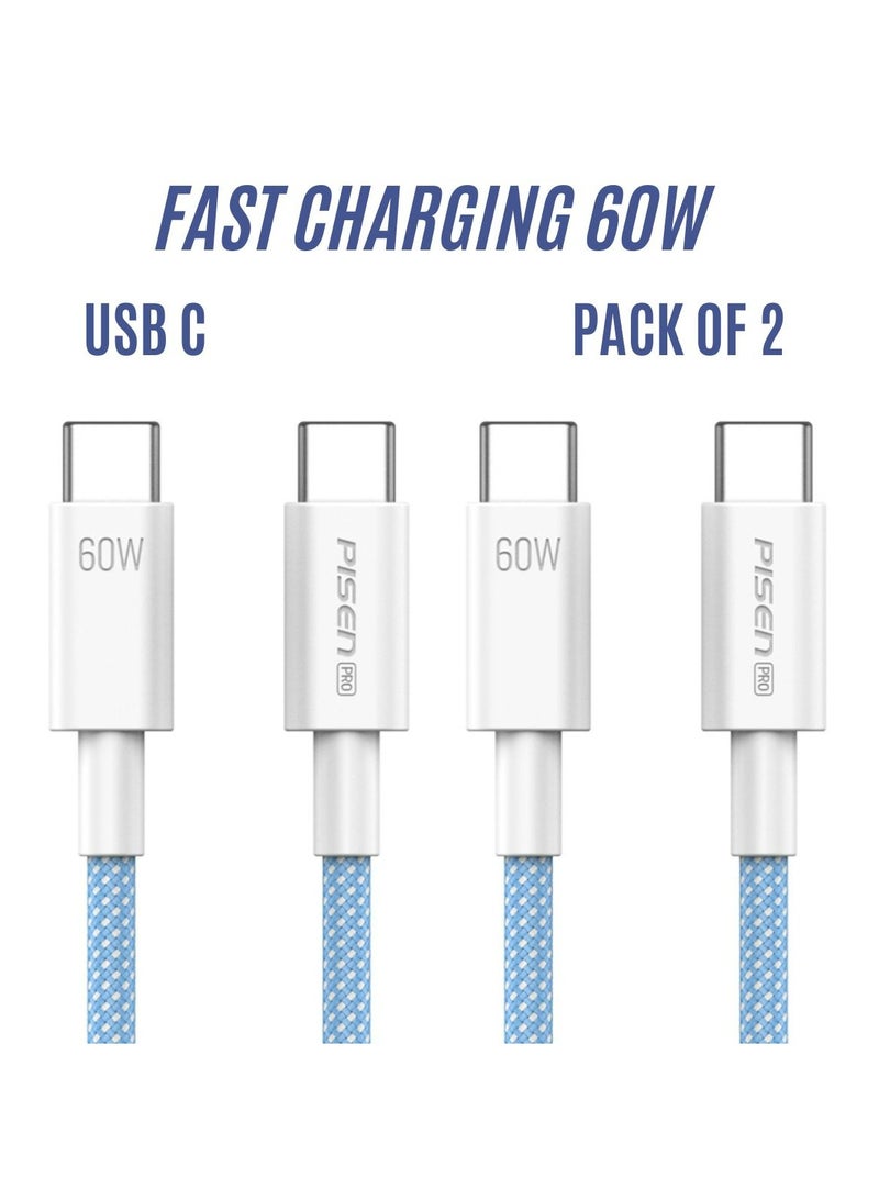 Pisen USB C to USB C Cable,60W 2-Pack [3.3ft+3.3ft] Fast Charging PD 3A Braided Type C Data Cord for iPhone 16/16 Plus/16 Pro/16 Pro Max/15, iPad, Samsung S25/S24/S23/S22 Ultra - Blue - Image 1