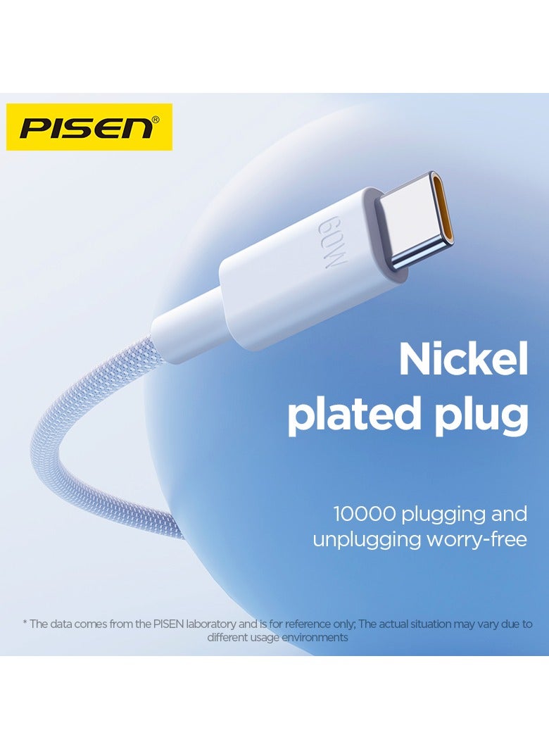 Pisen USB C to USB C Cable,60W 2-Pack [3.3ft+3.3ft] Fast Charging PD 3A Braided Type C Data Cord for iPhone 16/16 Plus/16 Pro/16 Pro Max/15, iPad, Samsung S25/S24/S23/S22 Ultra - Blue - Image 5