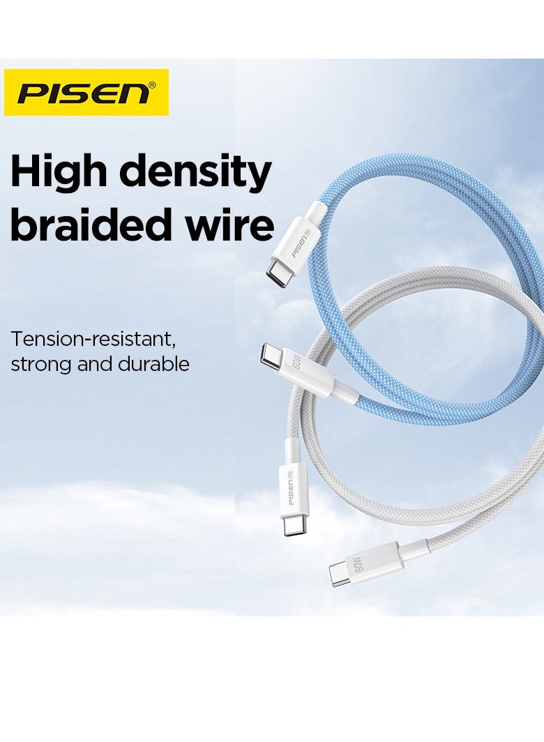 Pisen USB C to USB C Cable,60W 2-Pack [3.3ft+3.3ft] Fast Charging PD 3A Braided Type C Data Cord for iPhone 16/16 Plus/16 Pro/16 Pro Max/15, iPad, Samsung S25/S24/S23/S22 Ultra - Blue - Image 3
