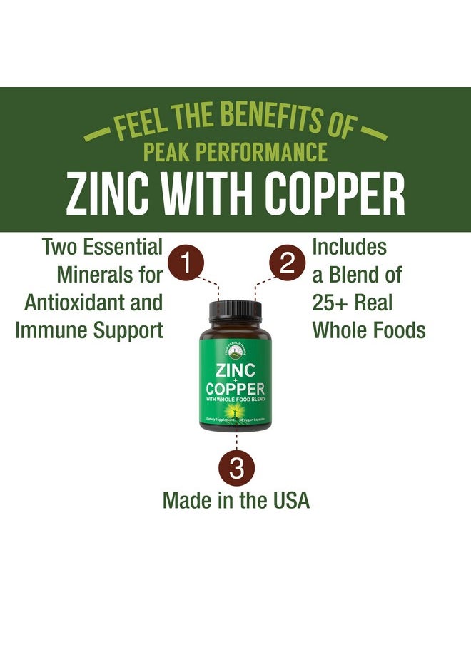 Peak Performance Zinc with Copper + Whole Food Blend of 25 Vegetables and Fruits for Max Absorption. Immune Support Supplement Capsules. Two Essential Minerals for Immunity. Zinc Vitamin Pills for Men and Women.  - Image 2