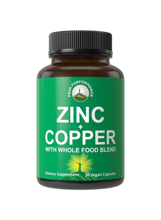 Peak Performance Zinc with Copper + Whole Food Blend of 25 Vegetables and Fruits for Max Absorption. Immune Support Supplement Capsules. Two Essential Minerals for Immunity. Zinc Vitamin Pills for Men and Women.  - Image 1