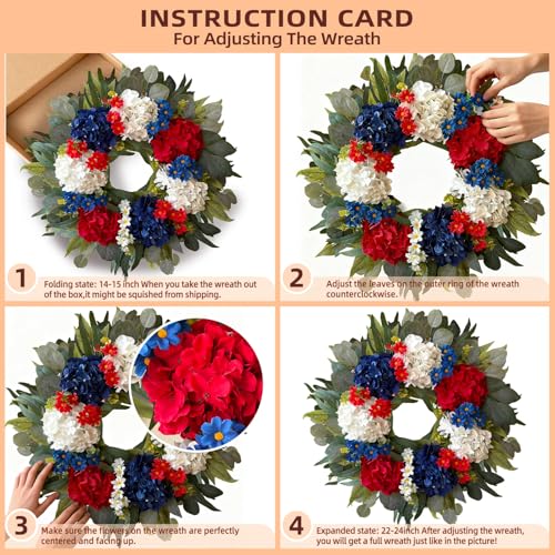 WANNA-CUL 250th Year Patriotic Wreaths for Front Door Decorations, 24 Inch 4th of July Hydrangea Wreath, Red White Blue Spring Door Wreath for Independence Day, Memorial Day for Indoor Outdoor Decor - Image 3