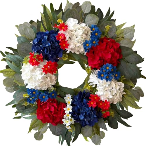 WANNA-CUL 250th Year Patriotic Wreaths for Front Door Decorations, 24 Inch 4th of July Hydrangea Wreath, Red White Blue Spring Door Wreath for Independence Day, Memorial Day for Indoor Outdoor Decor - Image 1