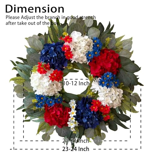 WANNA-CUL 250th Year Patriotic Wreaths for Front Door Decorations, 24 Inch 4th of July Hydrangea Wreath, Red White Blue Spring Door Wreath for Independence Day, Memorial Day for Indoor Outdoor Decor - Image 2