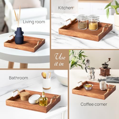 Nestroots Wooden Snacks Serving Tray Modern Style with Golden Finish Handle | Brown Wooden | Stylish Multipurpose Tray for Home Kitchen Cafe Restaurant Dining & Home Dcor (15 Inches) - Image 3