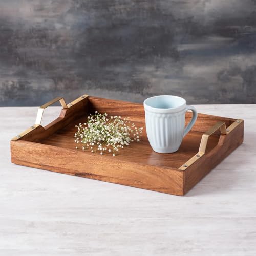 Nestroots Wooden Snacks Serving Tray Modern Style with Golden Finish Handle | Brown Wooden | Stylish Multipurpose Tray for Home Kitchen Cafe Restaurant Dining & Home Dcor (15 Inches) - Image 1