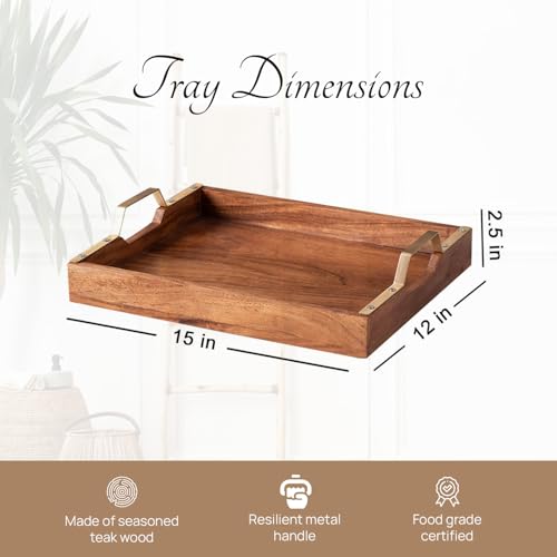Nestroots Wooden Snacks Serving Tray Modern Style with Golden Finish Handle | Brown Wooden | Stylish Multipurpose Tray for Home Kitchen Cafe Restaurant Dining & Home Dcor (15 Inches) - Image 2