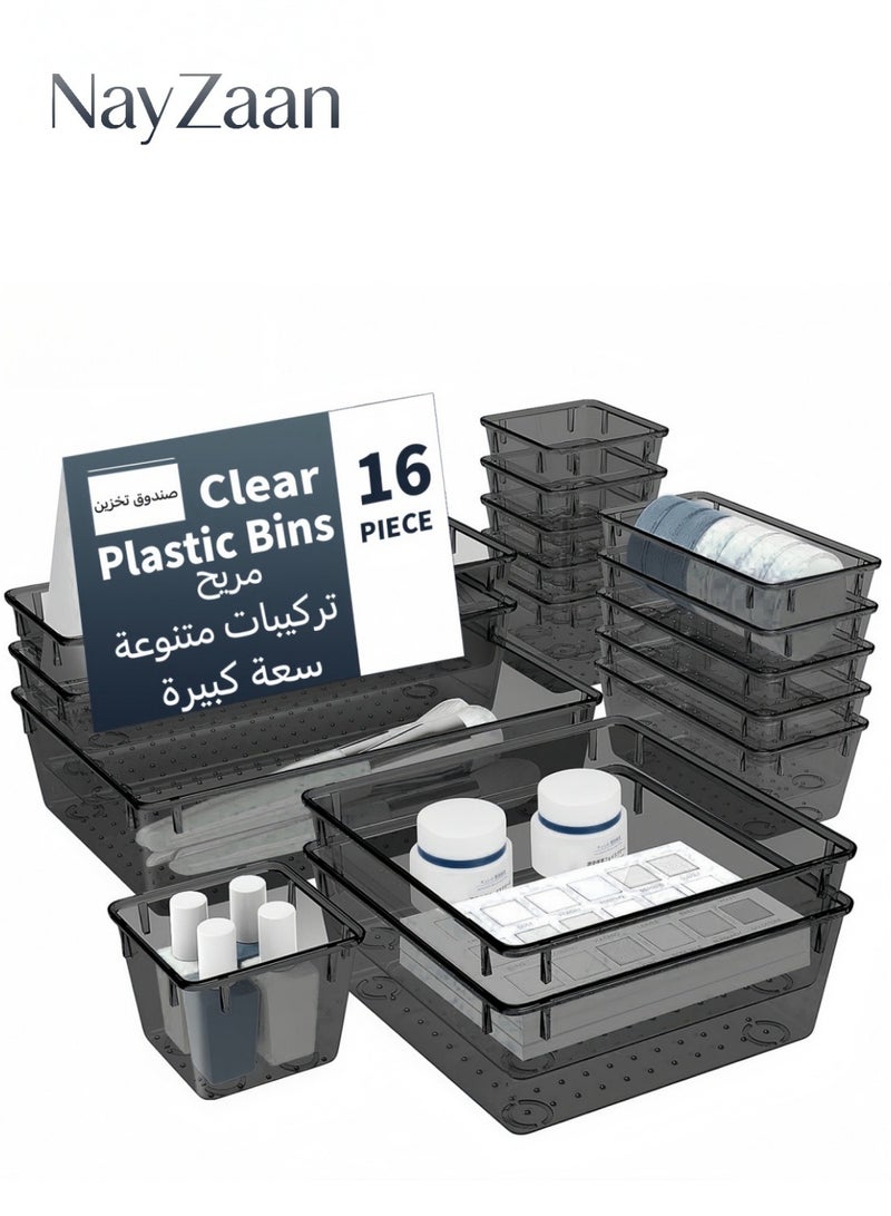 NayZaan 16 PCS Drawer Organizer Set, 5 Varied Size Bathroom and kitchen Drawer cabinet organizer Trays, Clear Storage Bins for Makeup, Jewelry, Utensils and Gadgets, Black - Image 1