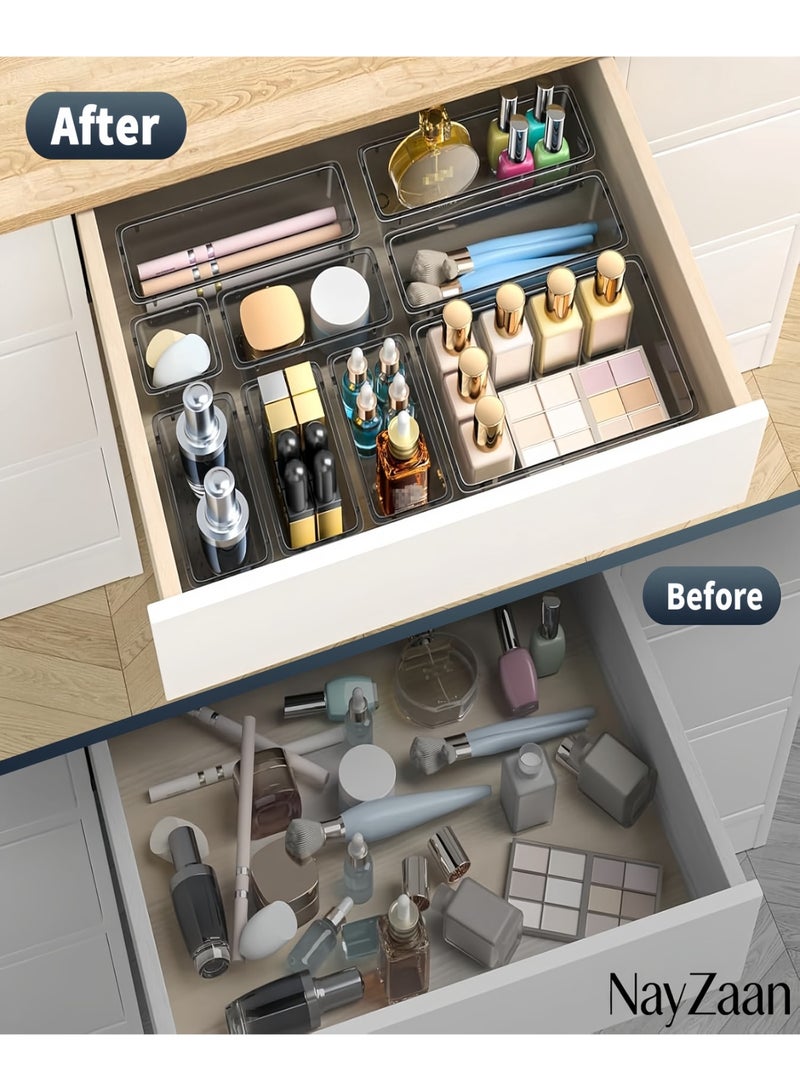 NayZaan 16 PCS Drawer Organizer Set, 5 Varied Size Bathroom and kitchen Drawer cabinet organizer Trays, Clear Storage Bins for Makeup, Jewelry, Utensils and Gadgets, Black - Image 4