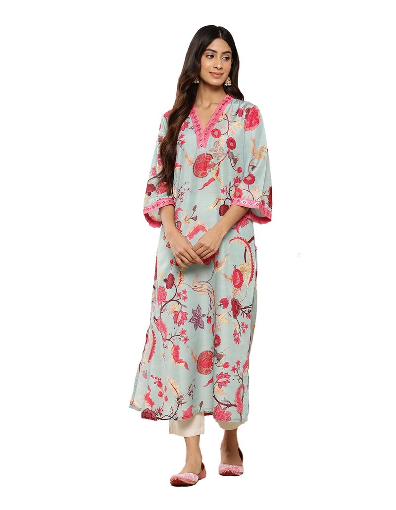 Varanga Women's Floral Printed Sequinned Detail A-line Kurta – Elegant Ethnic Wear for Women Party, Office, Festive & Traditional Occasions (Small) Green - Image 1
