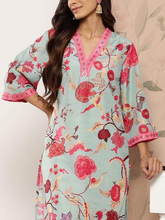Varanga Women's Floral Printed Sequinned Detail A-line Kurta – Elegant Ethnic Wear for Women Party, Office, Festive & Traditional Occasions (Small) Green - Image 4