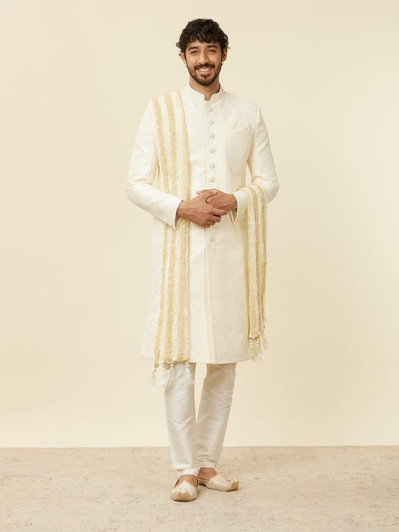 Manyavar Pearl White and Gold Traditional Dupatta - Image 2