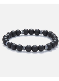 CHRYSOSTOMOS Handmade Beaded Bracelet with Matte Black Onyx and Triple Flat Hematite Nut, Silicone Elastic  - Image 1