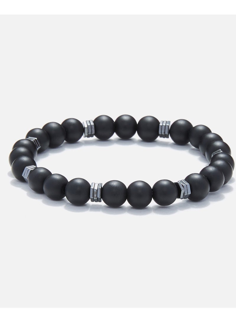 CHRYSOSTOMOS - Handmade Beaded Bracelet with Matte Black Onyx and Triple Flat Hematite Nut, Silicone Elastic - Image 1