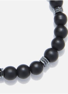 CHRYSOSTOMOS Handmade Beaded Bracelet with Matte Black Onyx and Triple Flat Hematite Nut, Silicone Elastic  - Image 2