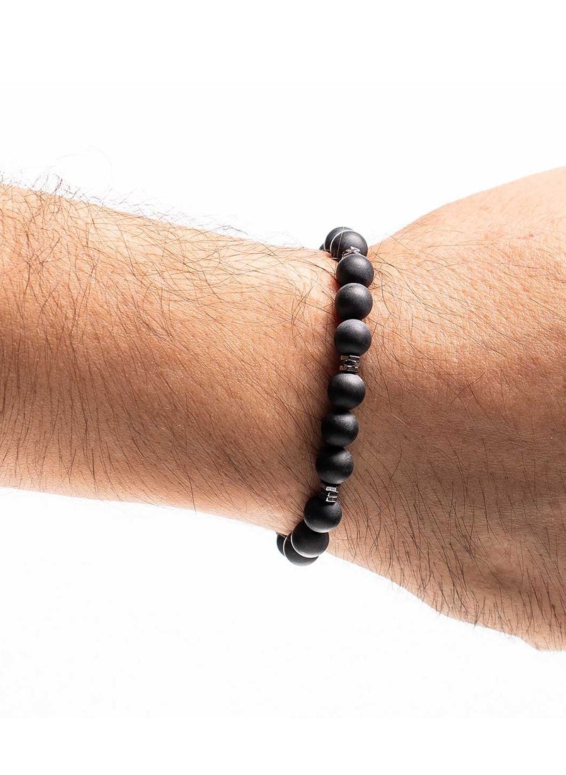 CHRYSOSTOMOS - Handmade Beaded Bracelet with Matte Black Onyx and Triple Flat Hematite Nut, Silicone Elastic - Image 1