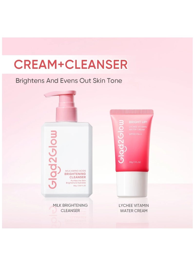 Glad2Glow Lychee Vitamin Water Sunscreen Cream 30g + Milk Amino Acid Gentle Face Wash 80ml – Glad2Glow Skincare Set for Brightening, Hydrating & UVA/UVB Protection - Image 1