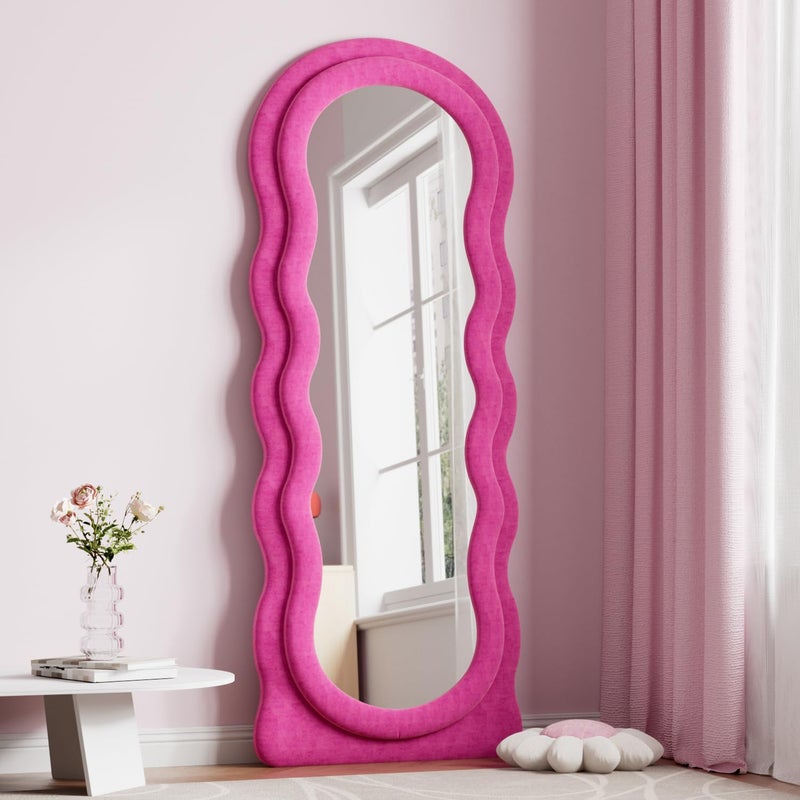 Dewfig Full Length Mirror 63 x 24 Irregular Wavy Mirror Large Floor Length Mirrors Wall Mounted Standing Wavy Mirrors with Flannel Wrapped Wooden Frame for BedroomLiving Room Hot Pink