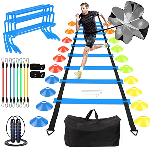 HOTOOLME Speed Agility Training Equipment Set - Includes Agility Ladder, Running Parachute, 8 Resistance Bands,20 Cones, 4 Hurdles, Jump Rope for Training Football, Soccer, Basketball Athletes - Image 1