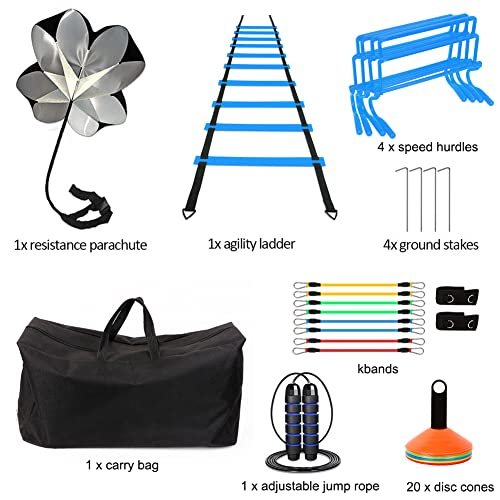 HOTOOLME Speed Agility Training Equipment Set - Includes Agility Ladder, Running Parachute, 8 Resistance Bands,20 Cones, 4 Hurdles, Jump Rope for Training Football, Soccer, Basketball Athletes - Image 5