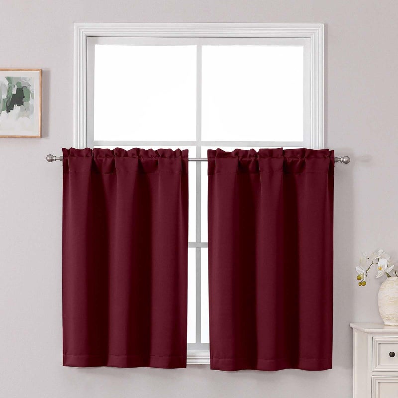 Chyhomenyc Short Burgundy Curtains 36 Inch Length, Small Kitchen Curtain Tier Rod Pocket Half Window Curtains for Basement Cabinet Camper RV Bunk, 2 PCS, Each 30Wx36L - Image 1