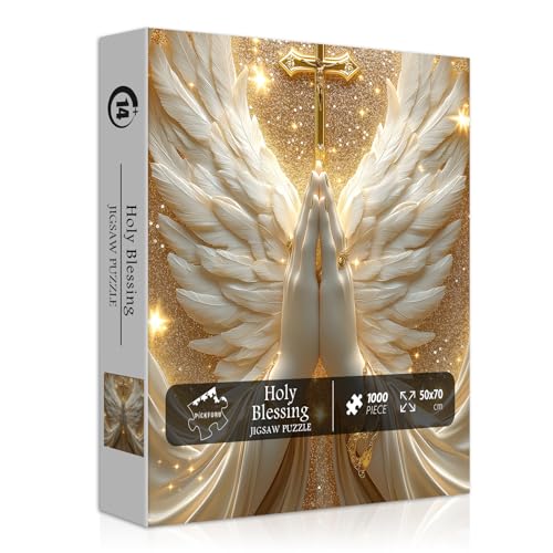 PICKFORU Christian Puzzles for Adults 1000 Pieces White Angel Wings and Cross Religious Puzzles Faith Spiritual Catholic Jigsaw Puzzle Jesus Holy Blessing Christian Home Decor - Image 1
