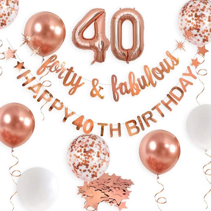Rose Gold Forty  Fabulous Happy 40th Birthday Banner Garland Foil Balloon 40 for Womens 40th Birthday Decorations Hanging 40 and Fabulous Cheers to 40 Years Old Birthday Party Supplies Backdrop